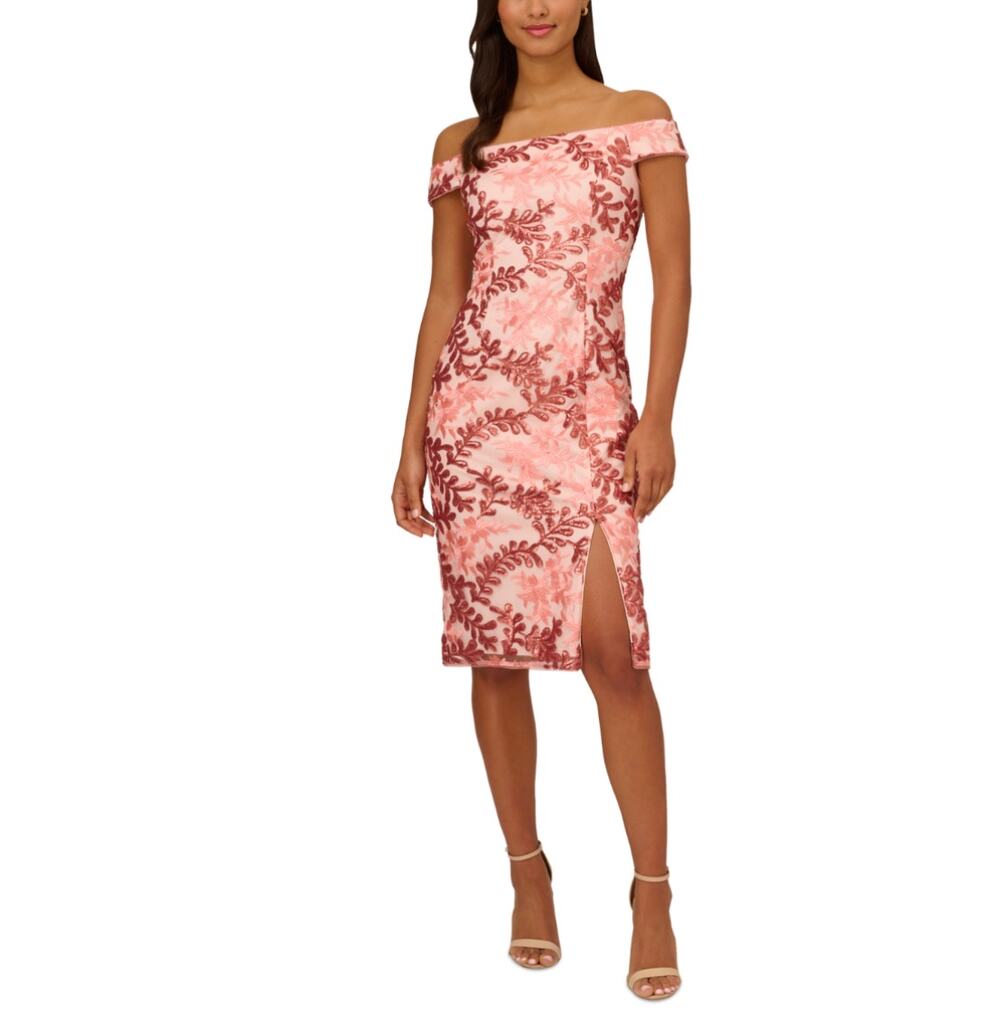 Adrianna Papell Pink Cocktail Dress Sequined Off the Shoulder Midi Sheath Size 8